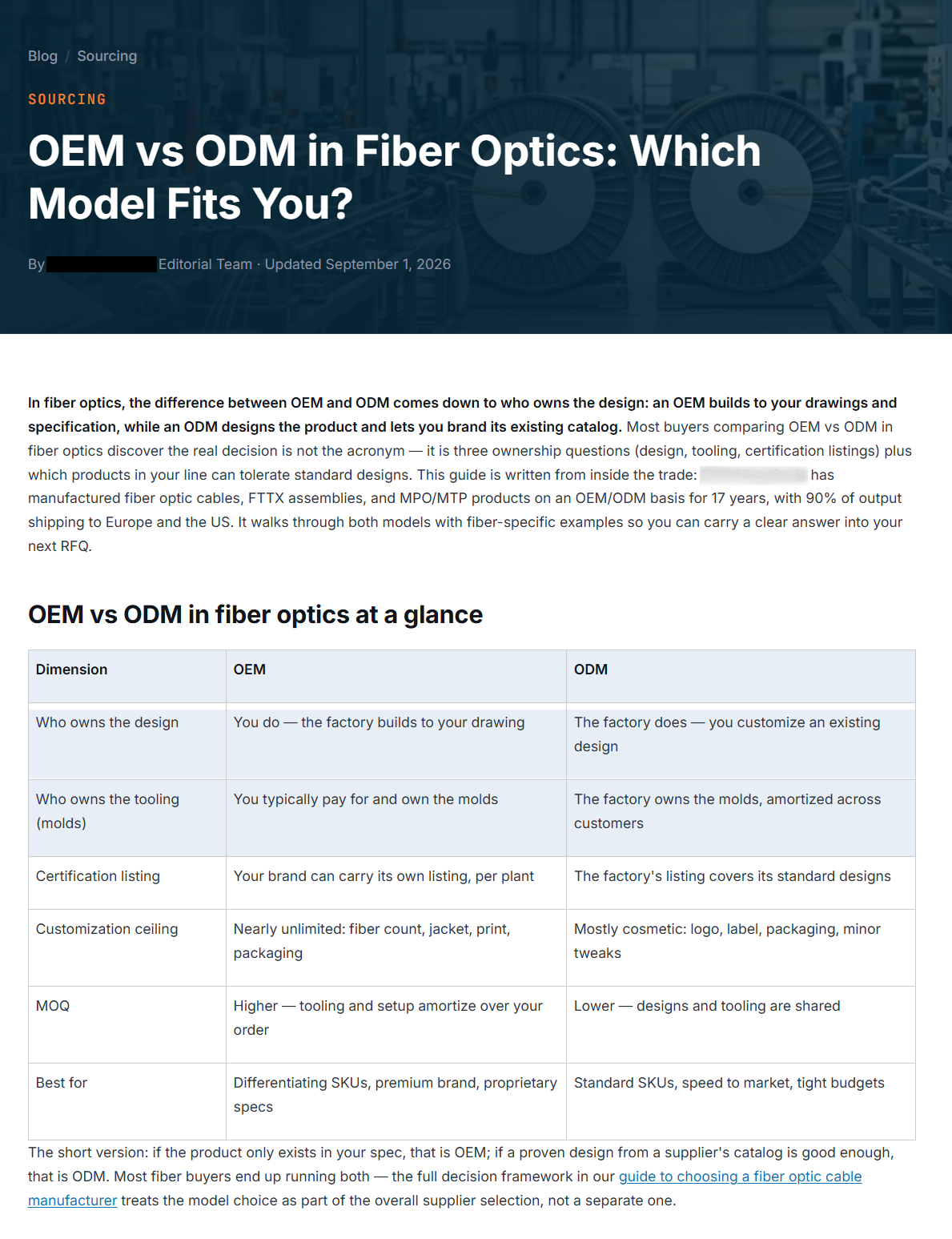 已发布页示意：OEM vs ODM in Fiber Optics